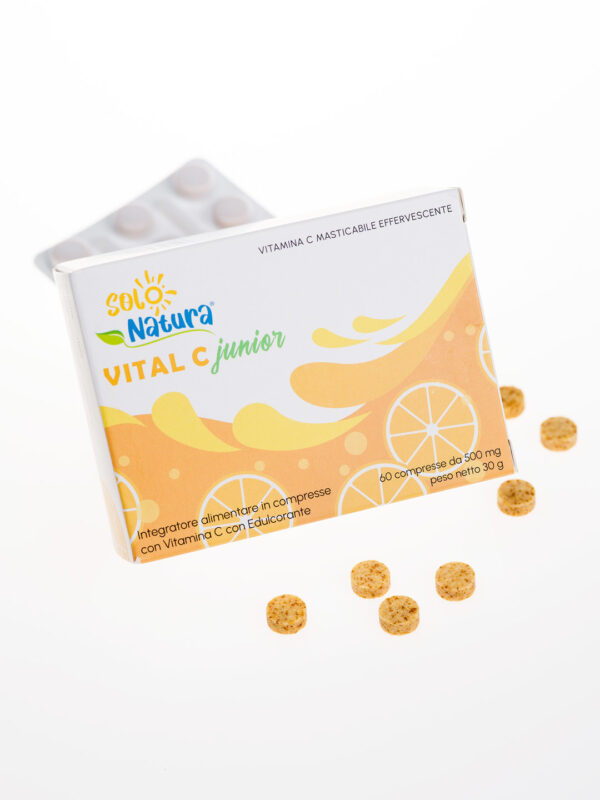 Confezione e compresse VITAL C JUNIOR l'integratore alimentare con vitamina C per bambini