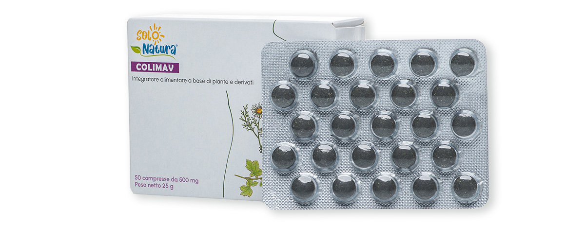 Confezione e compresse COLIMAV l'integratore naturale per colite, colon irritabile, meteorismo o stipsi